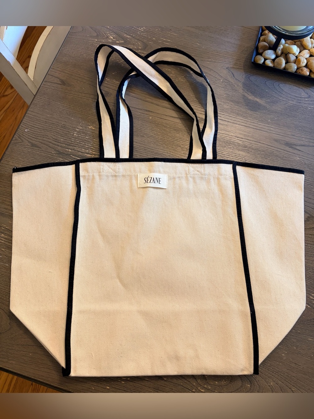 Sézane Canvas Tote Bag in Cream with Black Trim